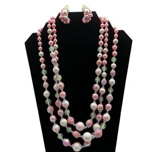 Vtg Pink Beaded 3 Strand Necklace and Matching clip on earrings Japan Jewelry